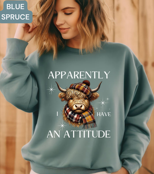 Apparently I Have an Attitude Highland Cow Sweatshirt – Funny Cow Lover Gift, Sassy Farm Animal Pullover, Cute Highland Cow Shirt, Western Fall Crewneck