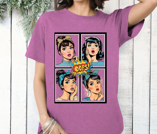 Oops Comic Pop Art T-Shirt, Funny Retro Girl Shirt, Vintage Comic Graphic Tee, Pop Culture Fashion Top, Trendy Statement Shirt for Women, Cool Cartoon Style Gift