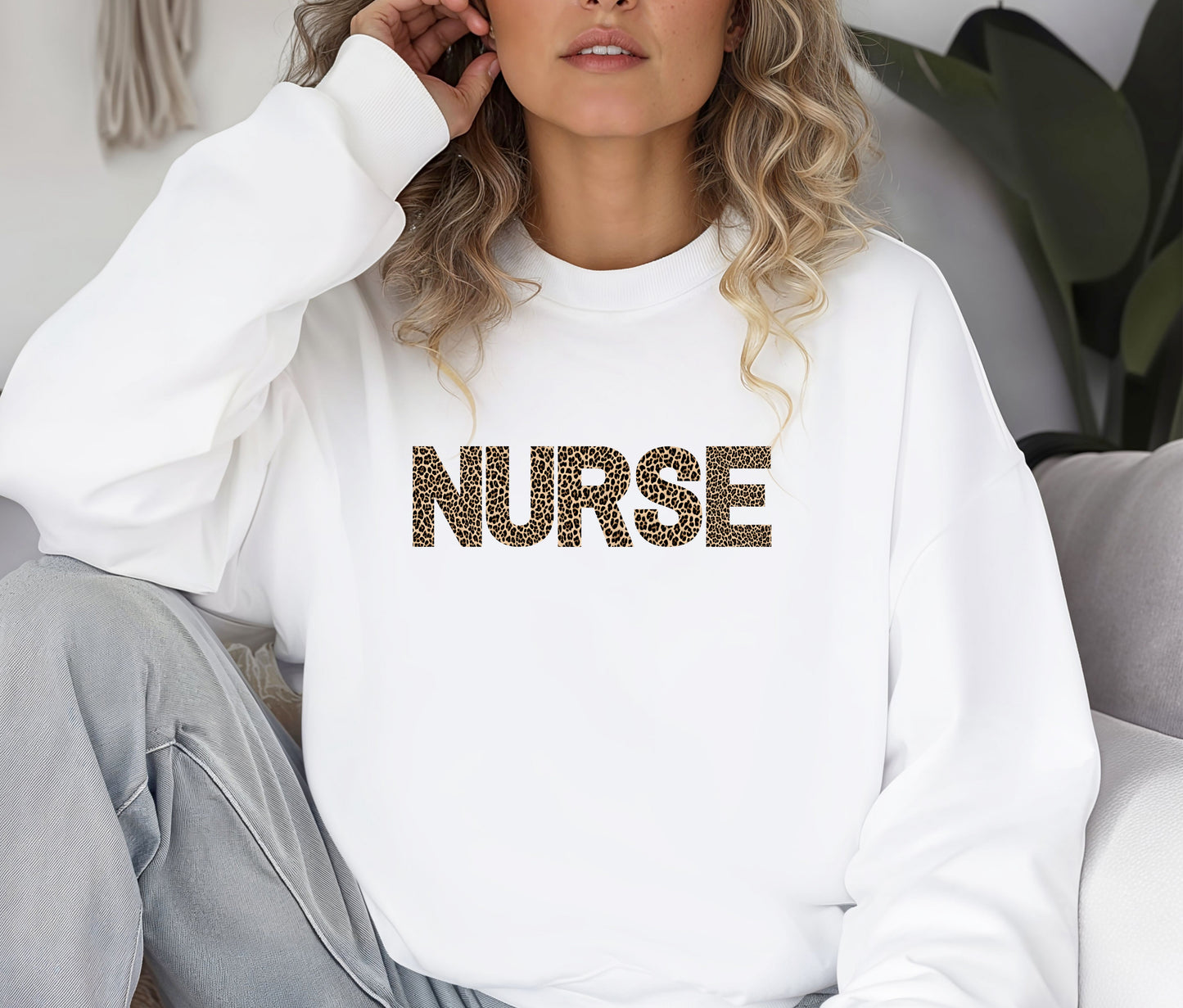 NURSE Sweatshirt β Leopard Print Nurse Crewneck, Cozy Nurse Appreciation Gift, Nursing School Outfit, Medical Staff Pullover Sweater