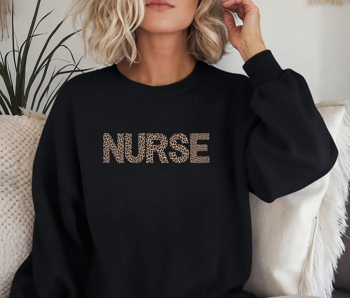 NURSE Sweatshirt β Leopard Print Nurse Crewneck, Cozy Nurse Appreciation Gift, Nursing School Outfit, Medical Staff Pullover Sweater