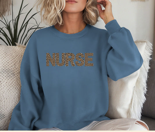 NURSE Sweatshirt – Leopard Print Nurse Crewneck, Cozy Nurse Appreciation Gift, Nursing School Outfit, Medical Staff Pullover Sweater