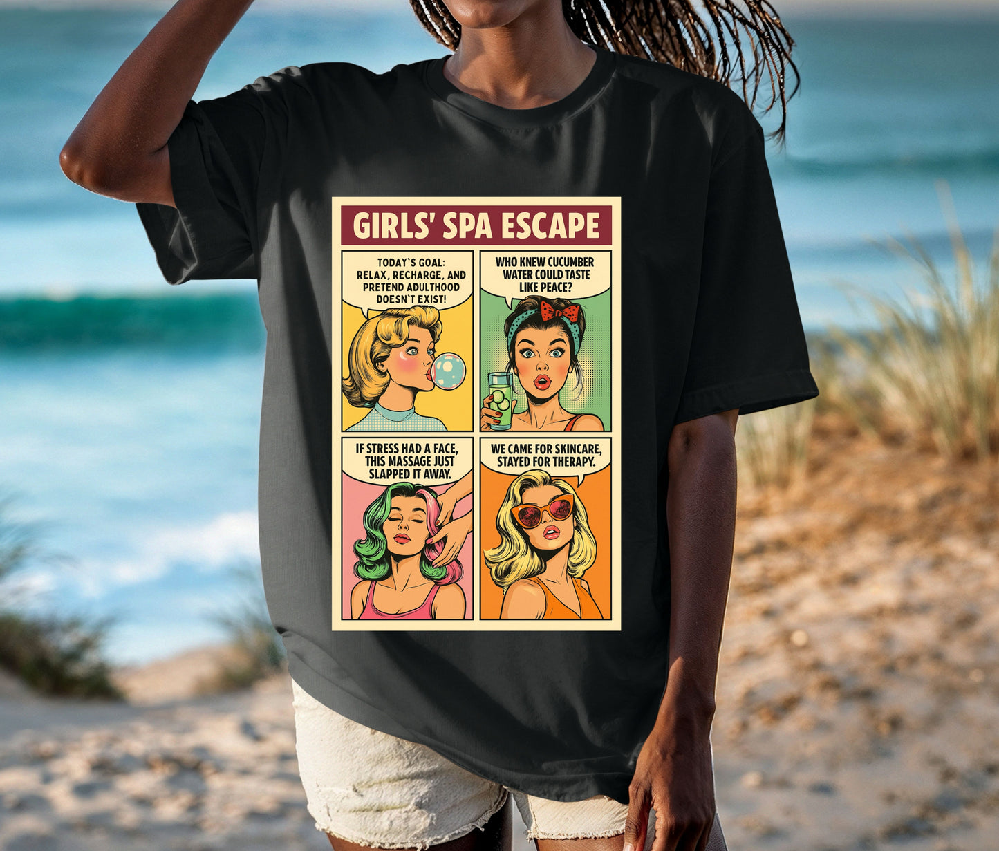 Girls’ Spa Escape Comic Sweatshirt – Funny Retro Pop Art Shirt for Women’s Spa Day, Bestie Gift, Girls Trip Outfit