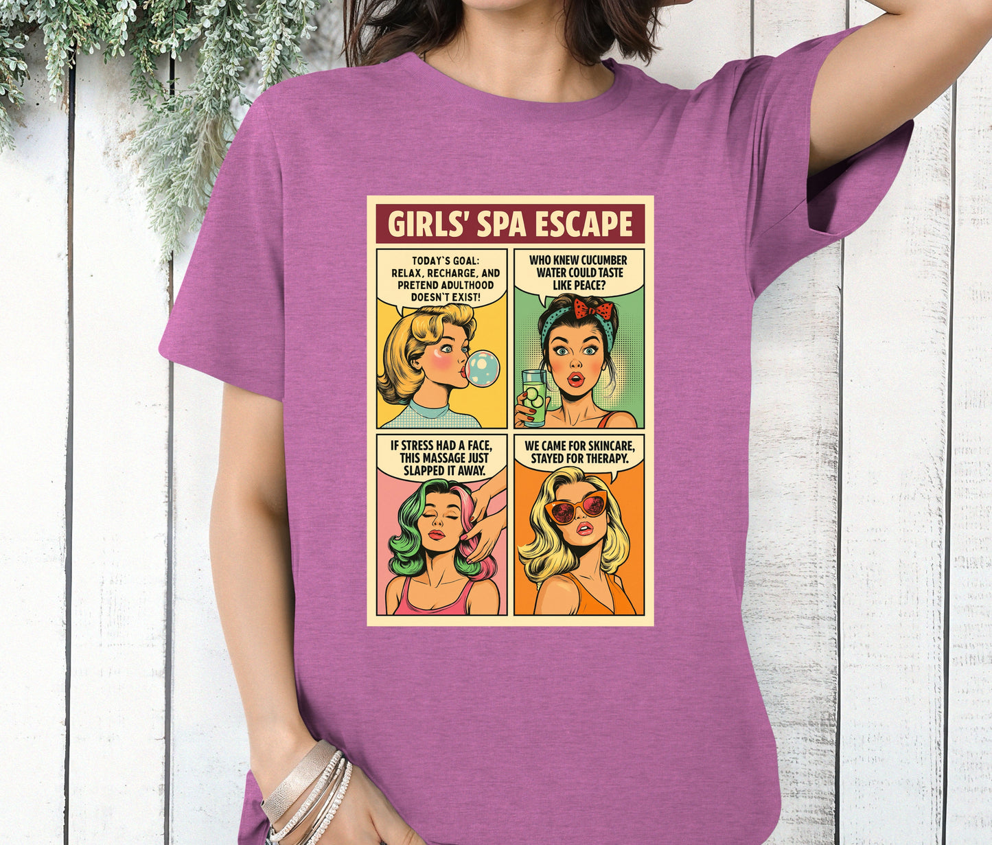 Girls’ Spa Escape Comic Sweatshirt – Funny Retro Pop Art Shirt for Women’s Spa Day, Bestie Gift, Girls Trip Outfit
