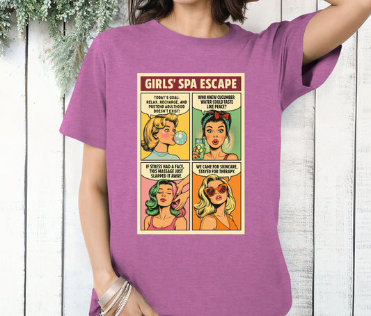Girls’ Spa Escape Comic Sweatshirt – Funny Retro Pop Art Shirt for Women’s Spa Day, Bestie Gift, Girls Trip Outfit