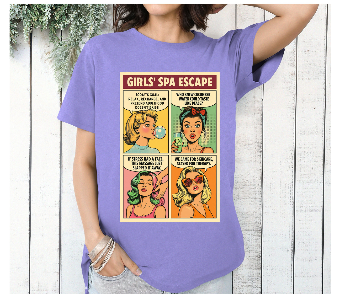 Girls’ Spa Escape Comic Sweatshirt – Funny Retro Pop Art Shirt for Women’s Spa Day, Bestie Gift, Girls Trip Outfit