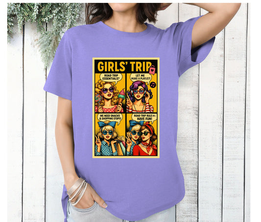Girls’ Trip Retro Graphic Tee – Fun Travel Shirt for Women, Friends Road Trip Outfit, Vintage Pop Art Girls Vacation Shirt