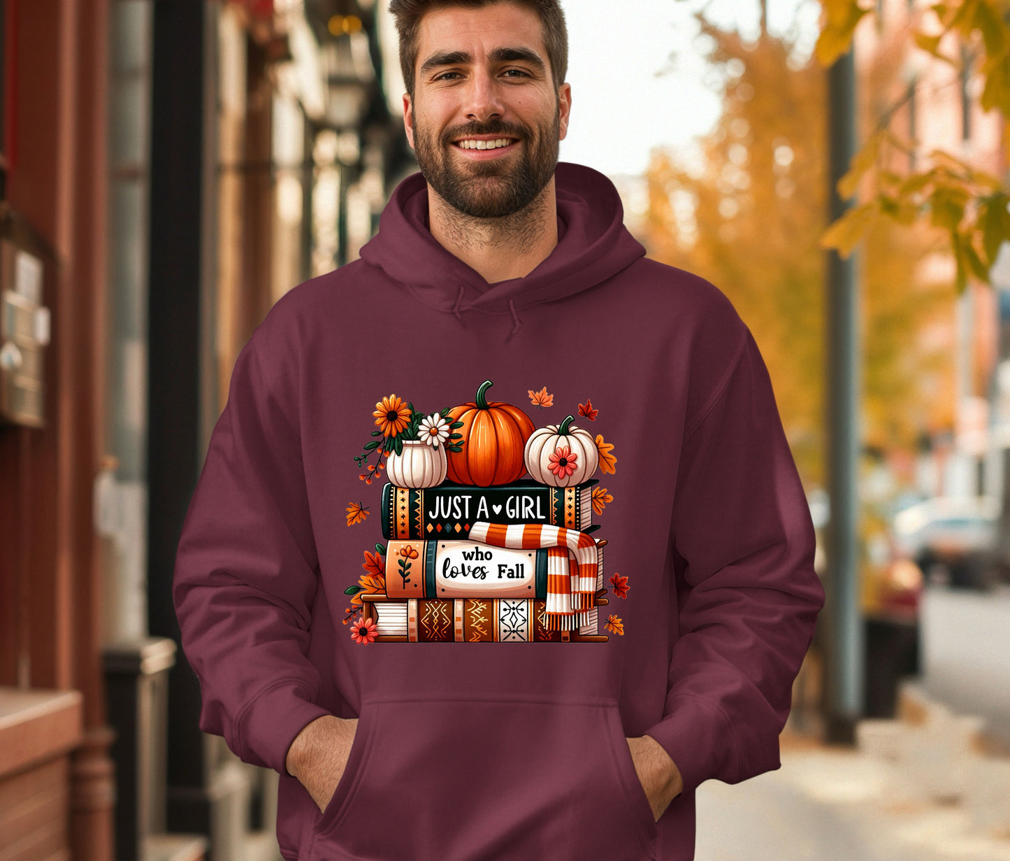 Just a Girl Who Loves Fall Hoodie – Cozy Autumn Pumpkin & Books Sweatshirt – Fall Lover Gift – Unisex Hoodie