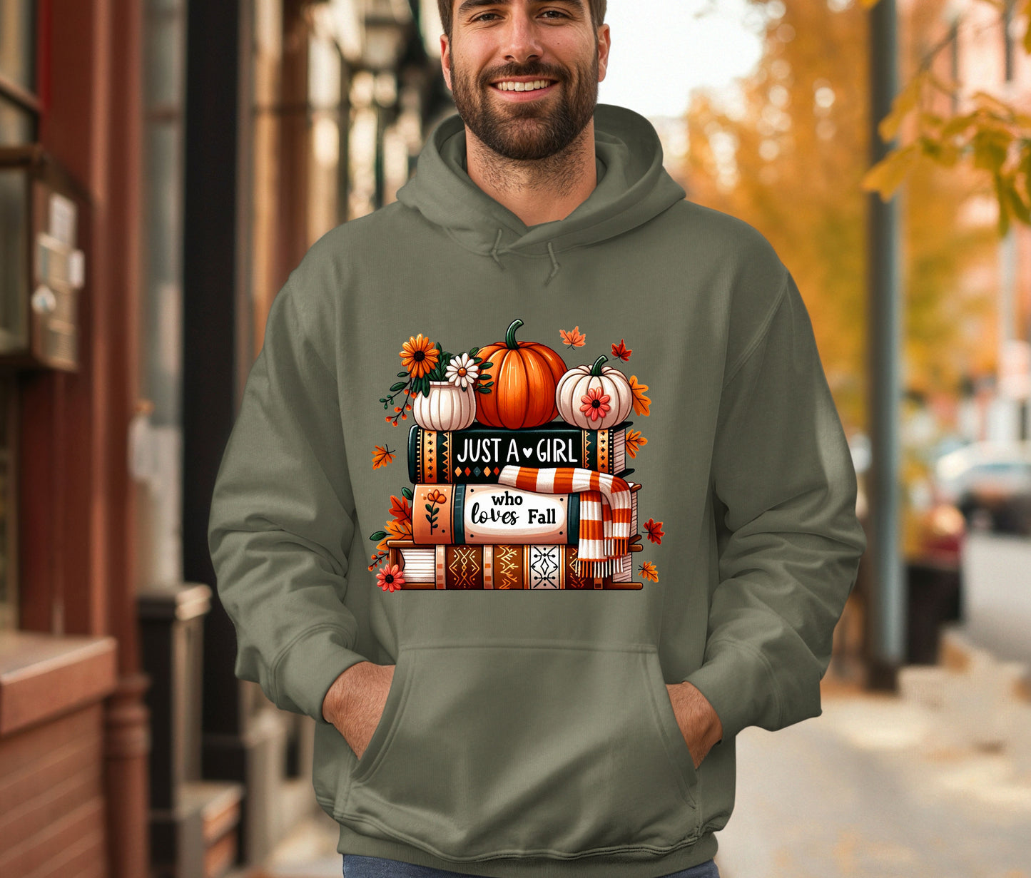Just a Girl Who Loves Fall Hoodie – Cozy Autumn Pumpkin & Books Sweatshirt – Fall Lover Gift – Unisex Hoodie
