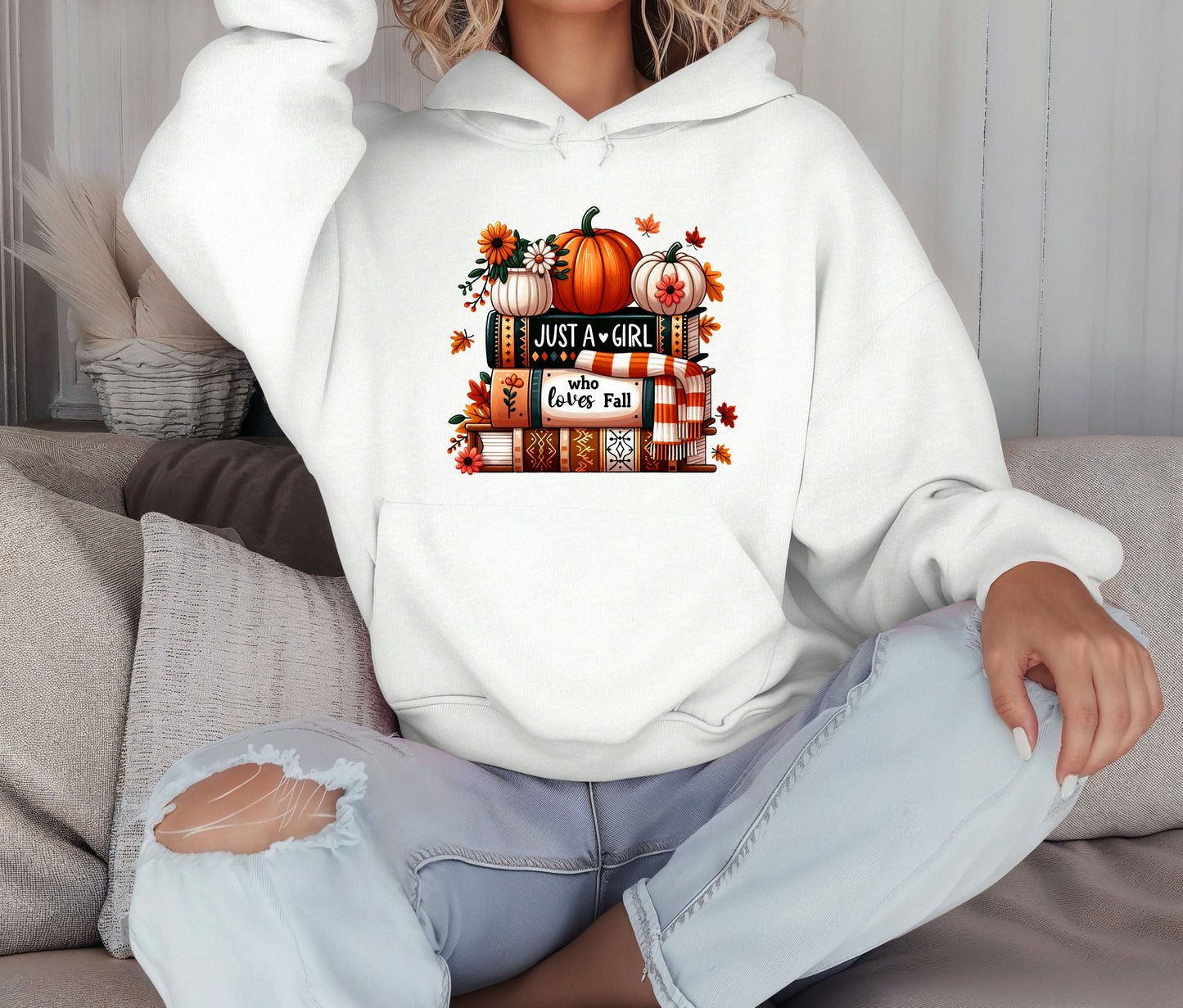 Just a Girl Who Loves Fall Hoodie – Cozy Autumn Pumpkin & Books Sweatshirt – Fall Lover Gift – Unisex Hoodie
