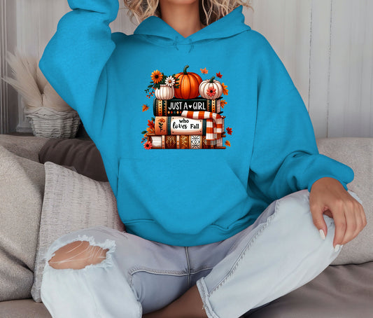 Just a Girl Who Loves Fall Hoodie – Cozy Autumn Pumpkin & Books Sweatshirt – Fall Lover Gift – Unisex Hoodie