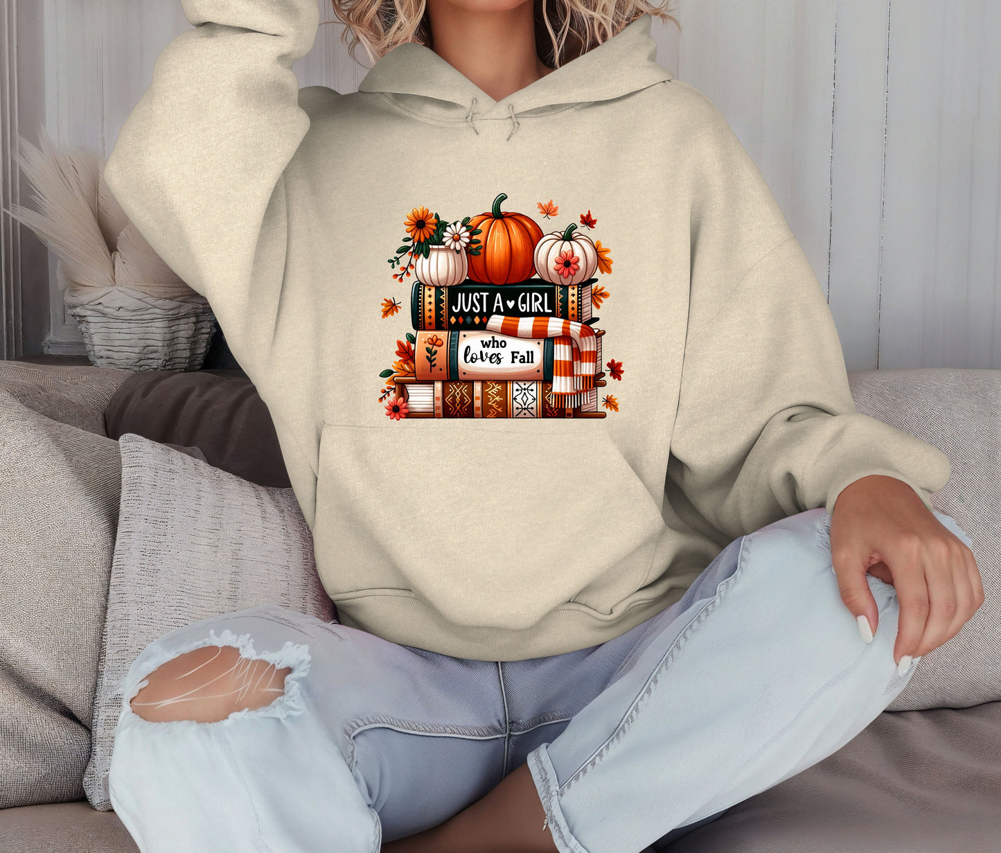 Just a Girl Who Loves Fall Hoodie – Cozy Autumn Pumpkin & Books Sweatshirt – Fall Lover Gift – Unisex Hoodie
