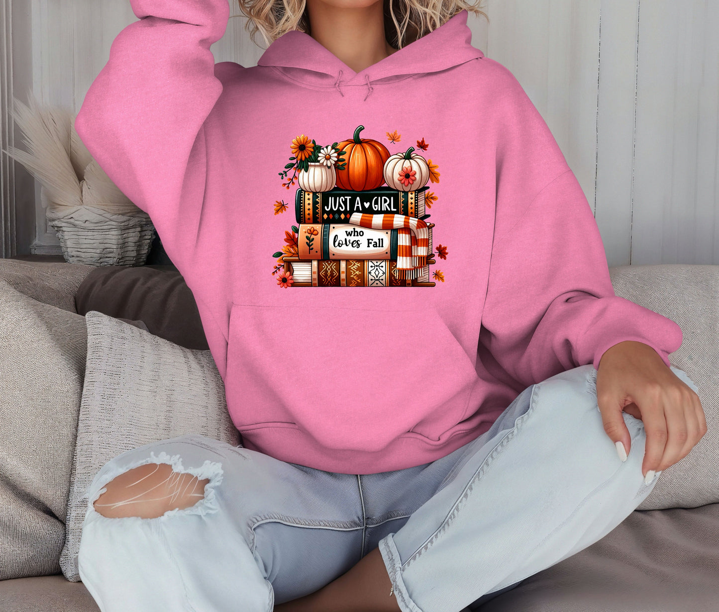Just a Girl Who Loves Fall Hoodie – Cozy Autumn Pumpkin & Books Sweatshirt – Fall Lover Gift – Unisex Hoodie