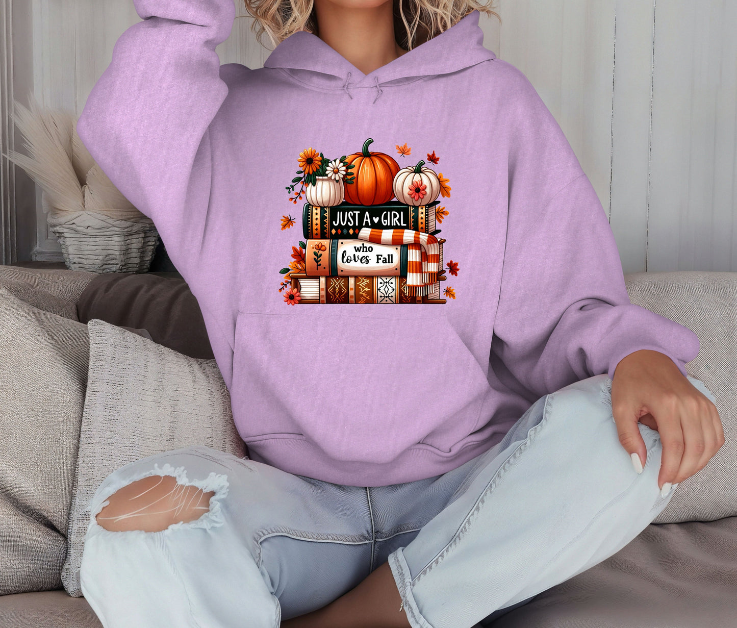 Just a Girl Who Loves Fall Hoodie – Cozy Autumn Pumpkin & Books Sweatshirt – Fall Lover Gift – Unisex Hoodie