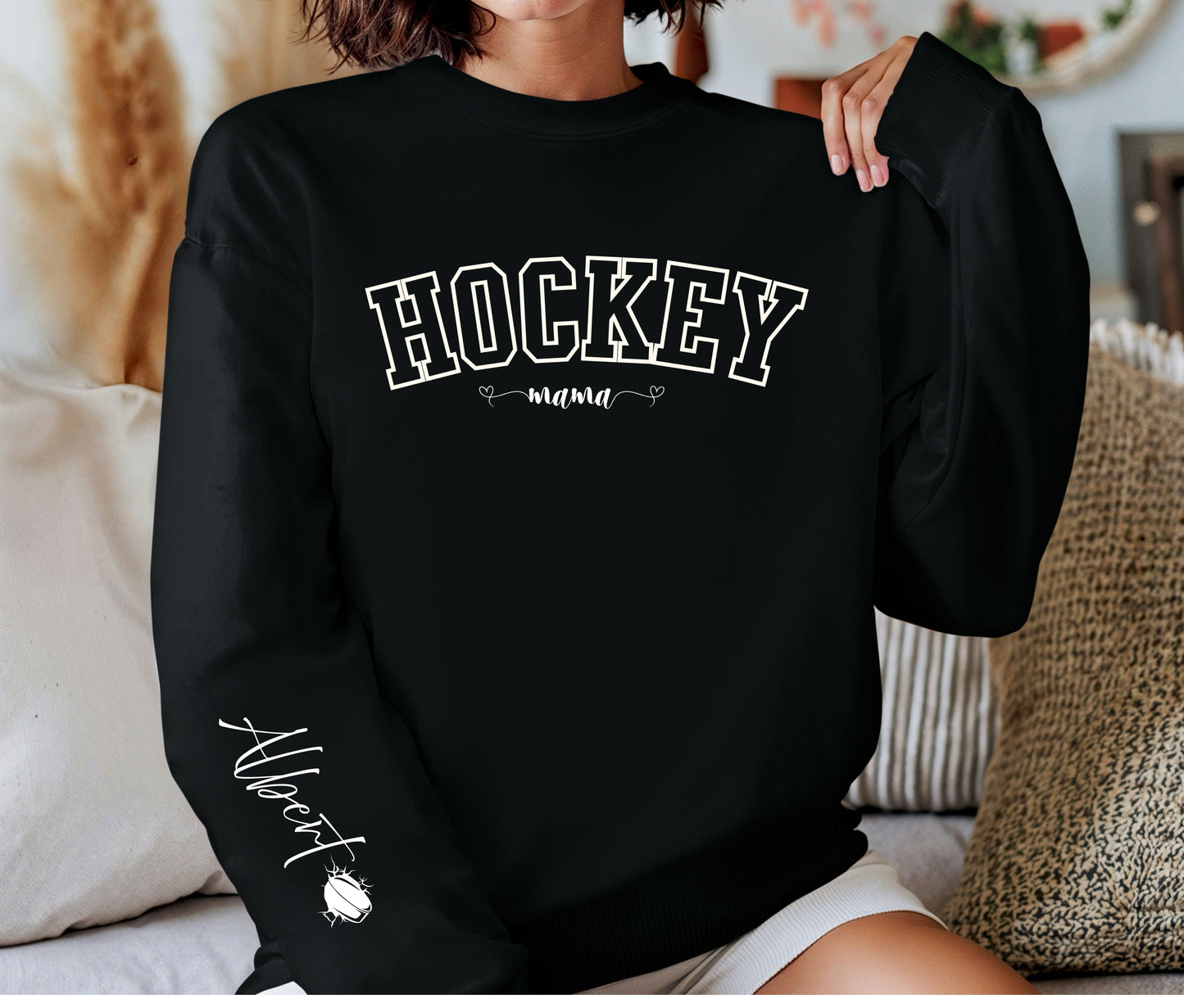 Hockey Mama With Player Name On The Sleeve Sweatshirt | Custom Hockey Mom Crewneck | Personalized Sports Mom Shirt