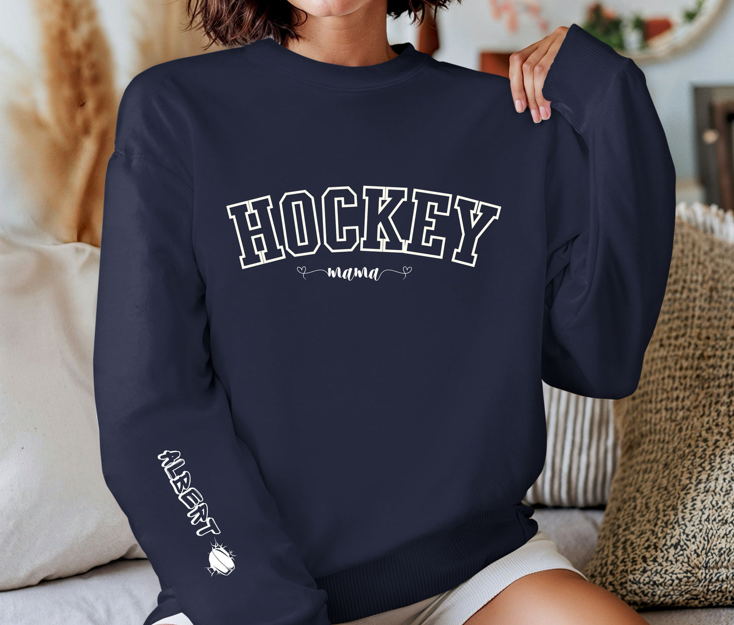 Hockey Mama With Player Name On The Sleeve Sweatshirt | Custom Hockey Mom Crewneck | Personalized Sports Mom Shirt