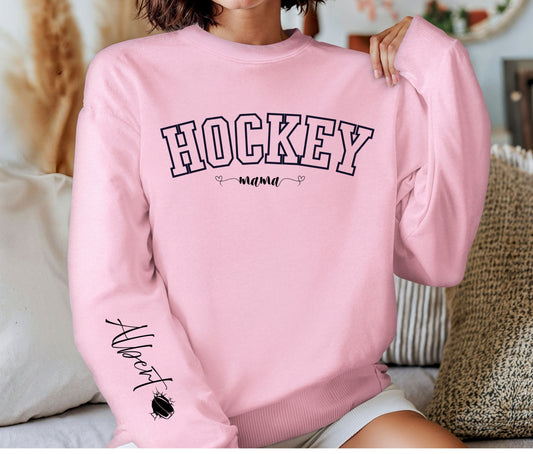 Hockey Mama With Player Name On The Sleeve Sweatshirt | Custom Hockey Mom Crewneck | Personalized Sports Mom Shirt