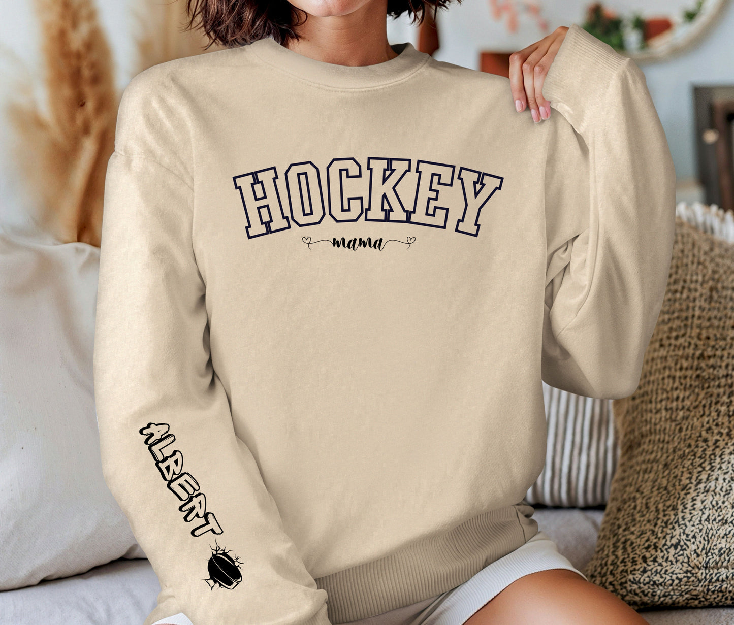 Hockey Mama With Player Name On The Sleeve Sweatshirt | Custom Hockey Mom Crewneck | Personalized Sports Mom Shirt