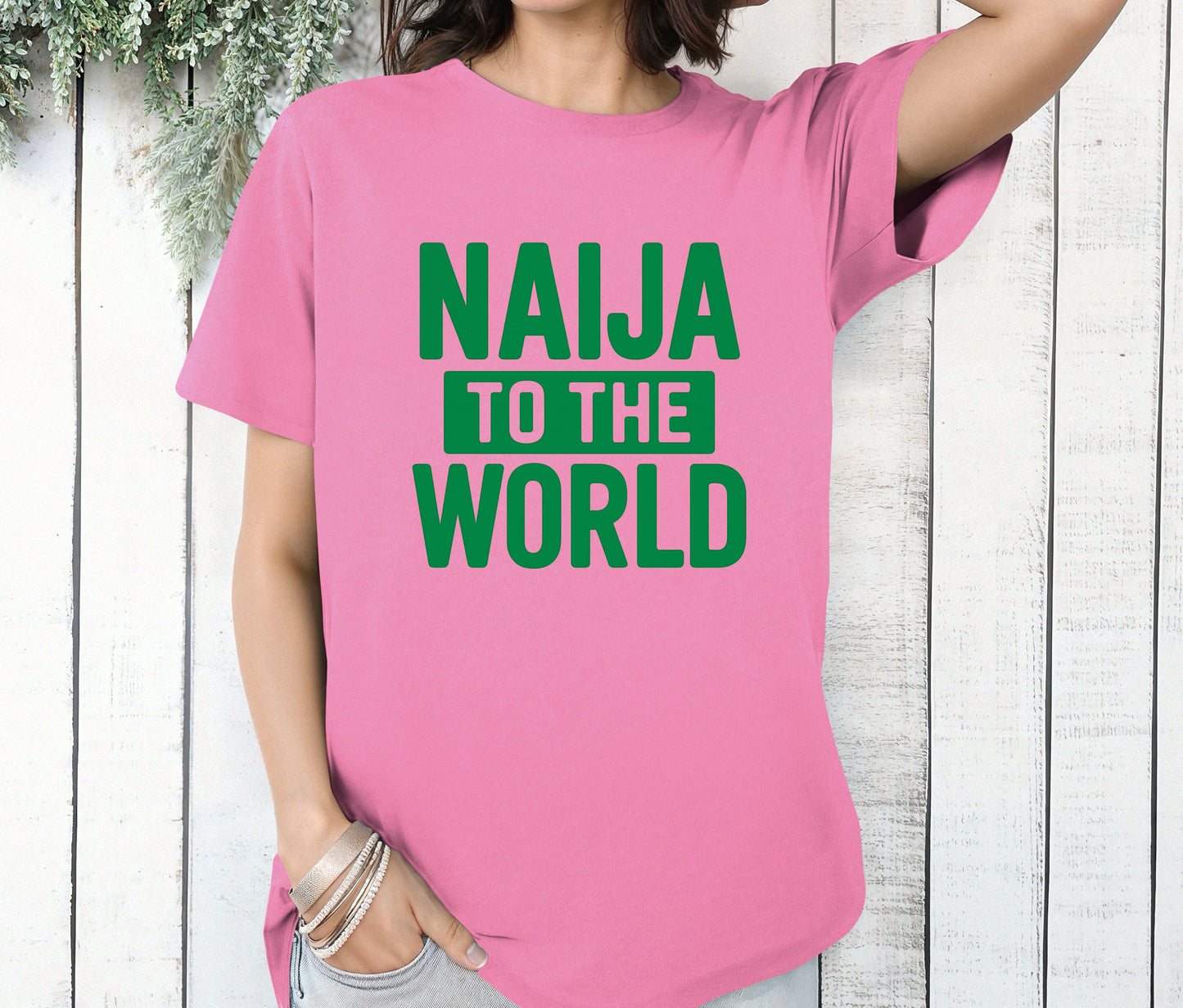 Naija to the World T-Shirt – Nigerian Pride Shirt | African Heritage Tee | Green White Green Nigeria Flag Shirt | Unisex Naija Culture Tee
