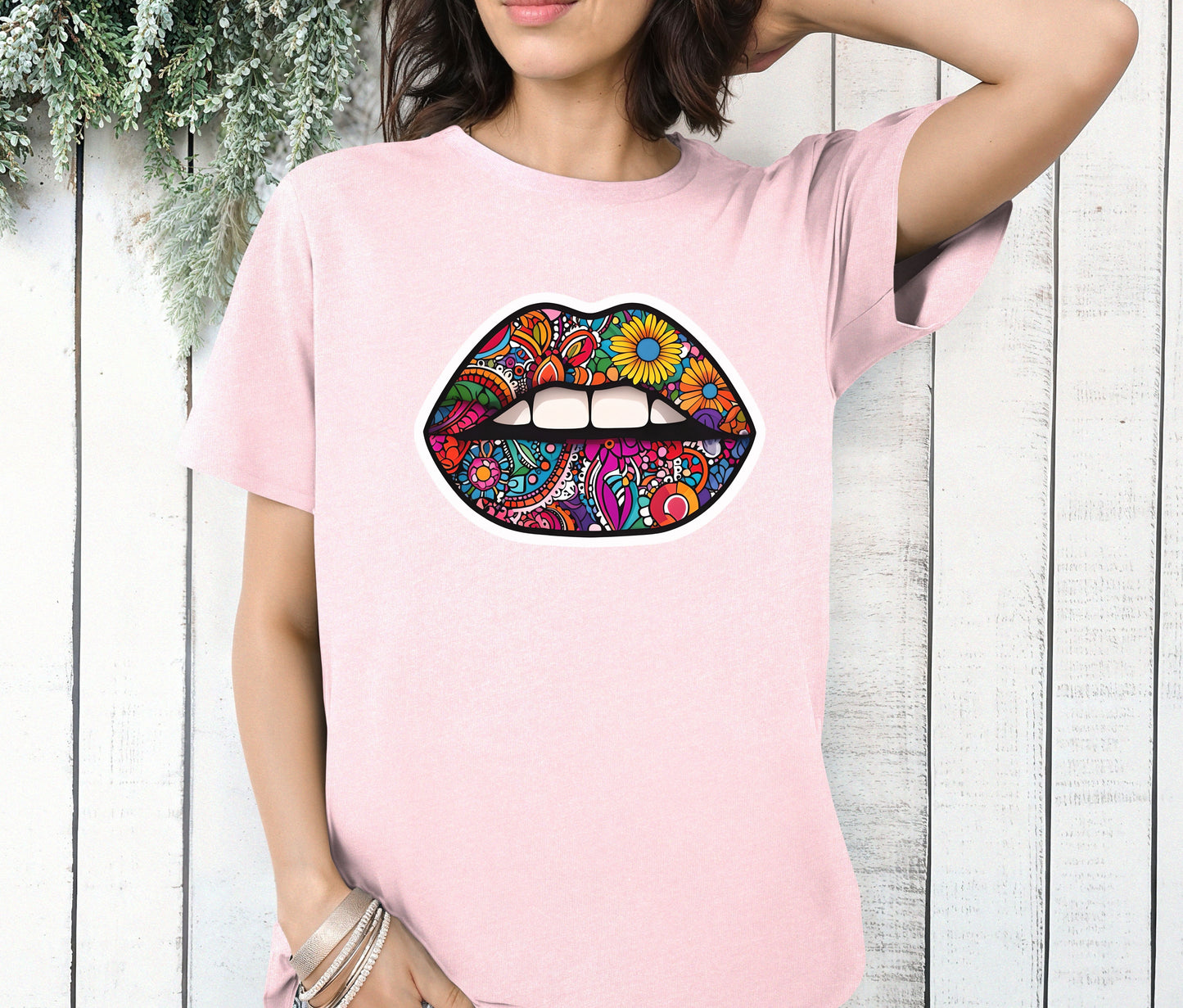 Colorful Boho Lips Graphic T-Shirt – Floral Retro Mouth Tee for Women