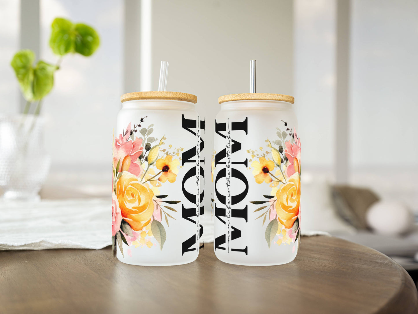 Customizable 16oz Glass Tumbler – Clear or Frosted | Reusable Iced Coffee Cup with Bamboo Lid & Plastic Straw | Aesthetic Cold Drink Cup