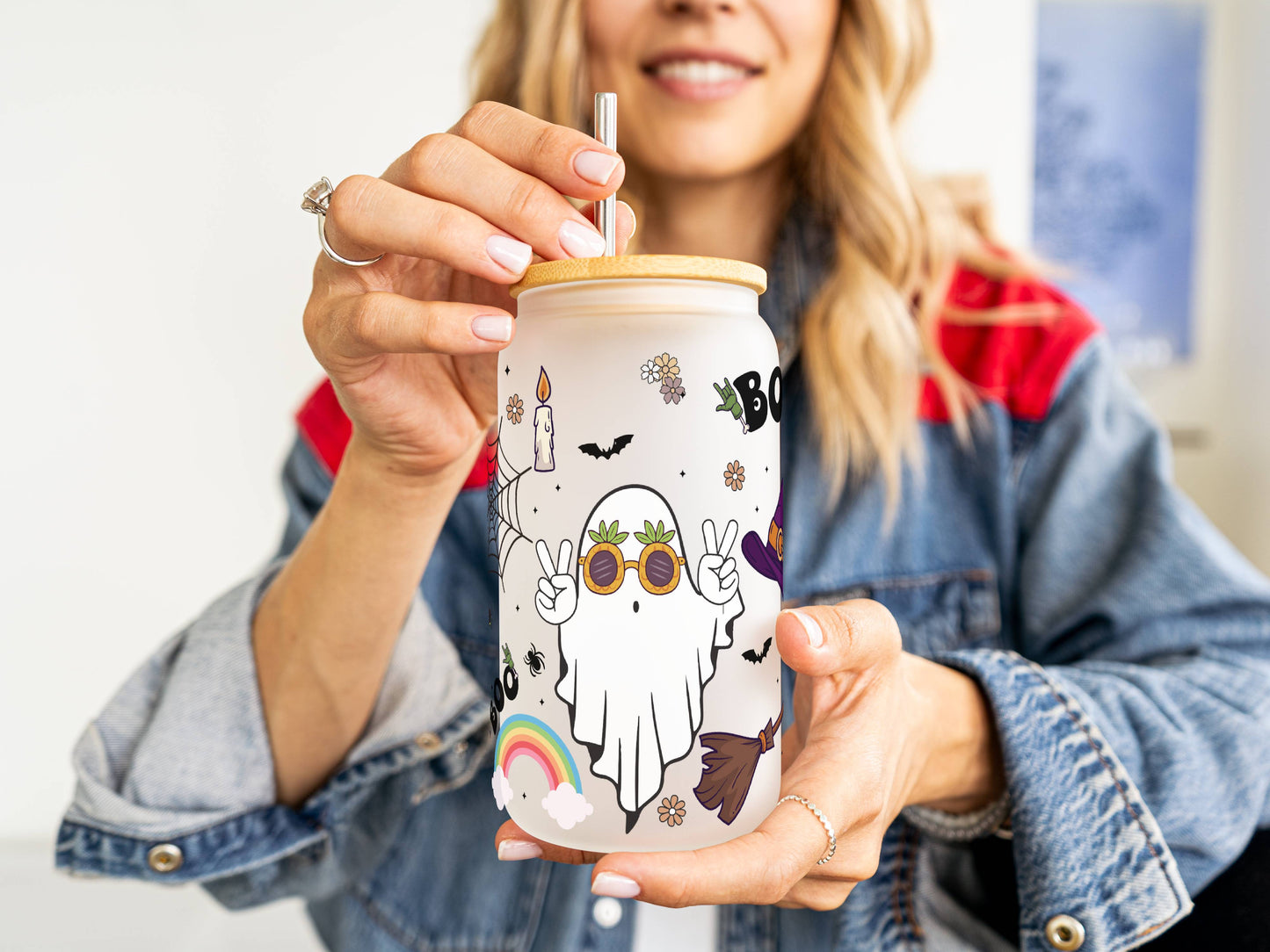 Customizable 16oz Glass Tumbler – Clear or Frosted | Reusable Iced Coffee Cup with Bamboo Lid & Plastic Straw | Aesthetic Cold Drink Cup