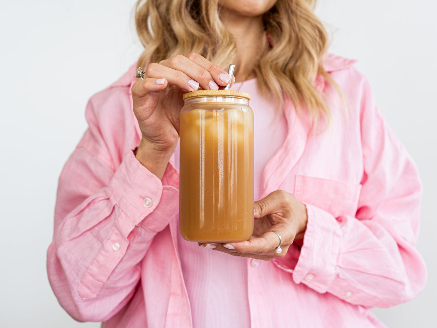Customizable 16oz Glass Tumbler – Clear or Frosted | Reusable Iced Coffee Cup with Bamboo Lid & Plastic Straw | Aesthetic Cold Drink Cup