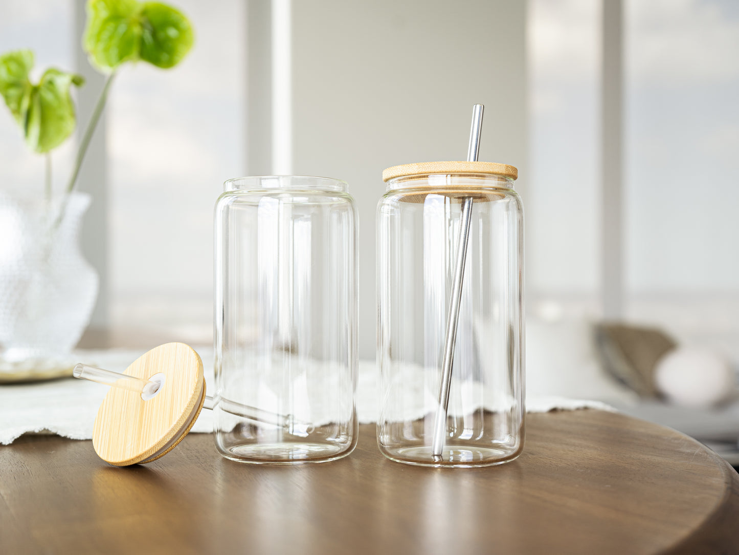 Customizable 16oz Glass Tumbler – Clear or Frosted | Reusable Iced Coffee Cup with Bamboo Lid & Plastic Straw | Aesthetic Cold Drink Cup