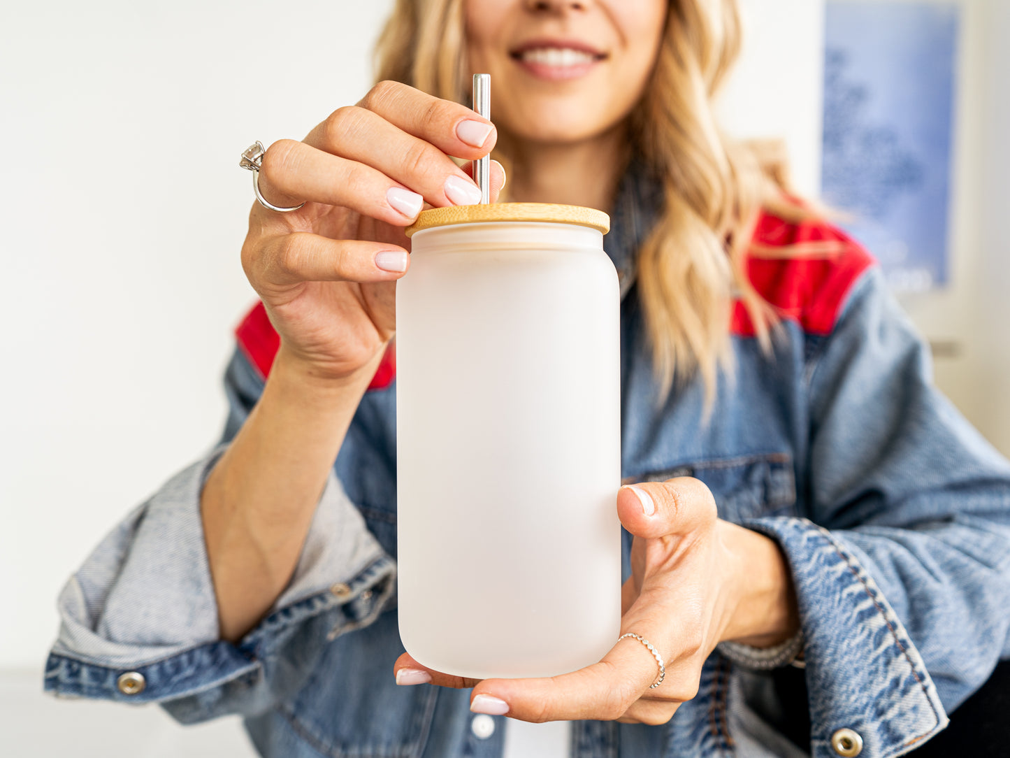 Customizable 16oz Glass Tumbler – Clear or Frosted | Reusable Iced Coffee Cup with Bamboo Lid & Plastic Straw | Aesthetic Cold Drink Cup