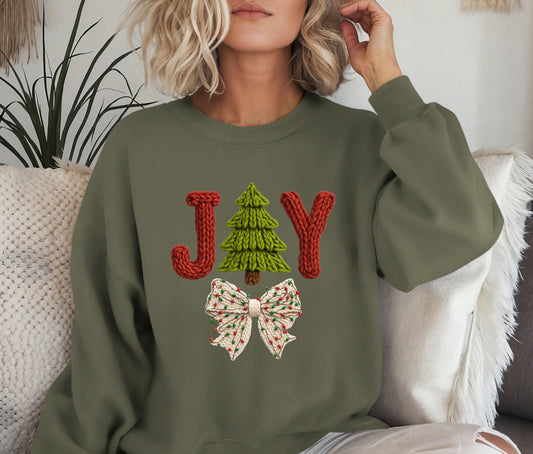 🎄 JOY Christmas Sweatshirt | Knit Text Holiday Crewneck | Cozy Christmas Tree Sweater | Winter Bow Shirt | Holiday Gift for Her