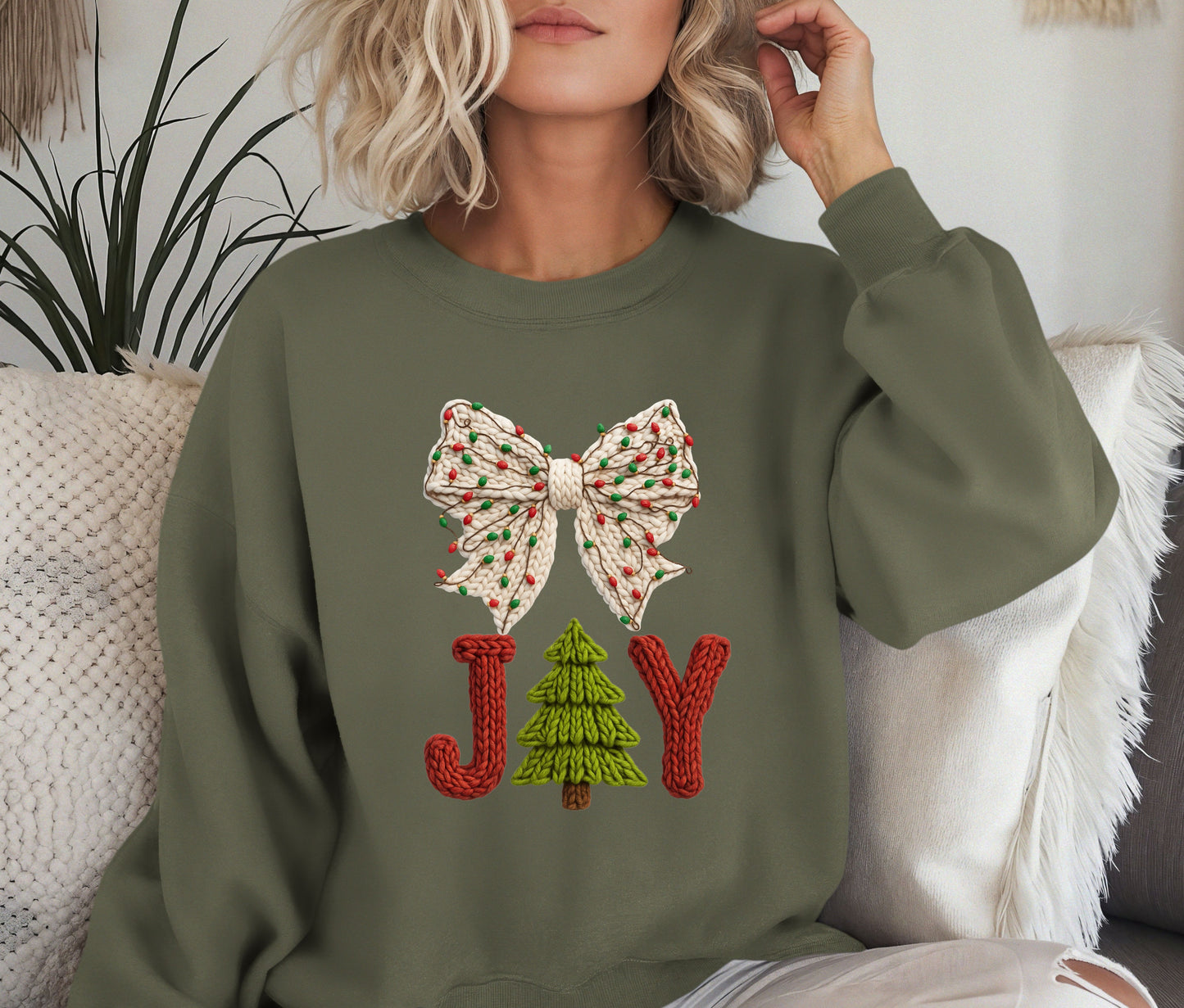 🎄 JOY Christmas Sweatshirt | Knit Text Holiday Crewneck | Cozy Christmas Tree Sweater | Winter Bow Shirt | Holiday Gift for Her