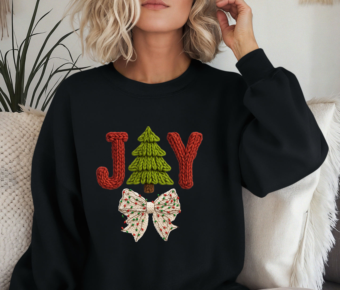 🎄 JOY Christmas Sweatshirt | Knit Text Holiday Crewneck | Cozy Christmas Tree Sweater | Winter Bow Shirt | Holiday Gift for Her