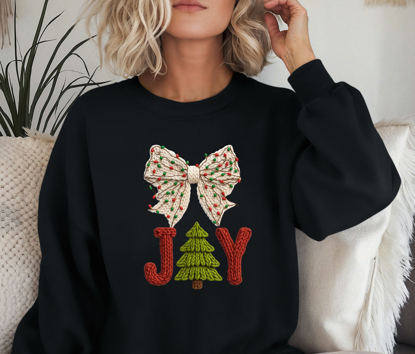 🎄 JOY Christmas Sweatshirt | Knit Text Holiday Crewneck | Cozy Christmas Tree Sweater | Winter Bow Shirt | Holiday Gift for Her
