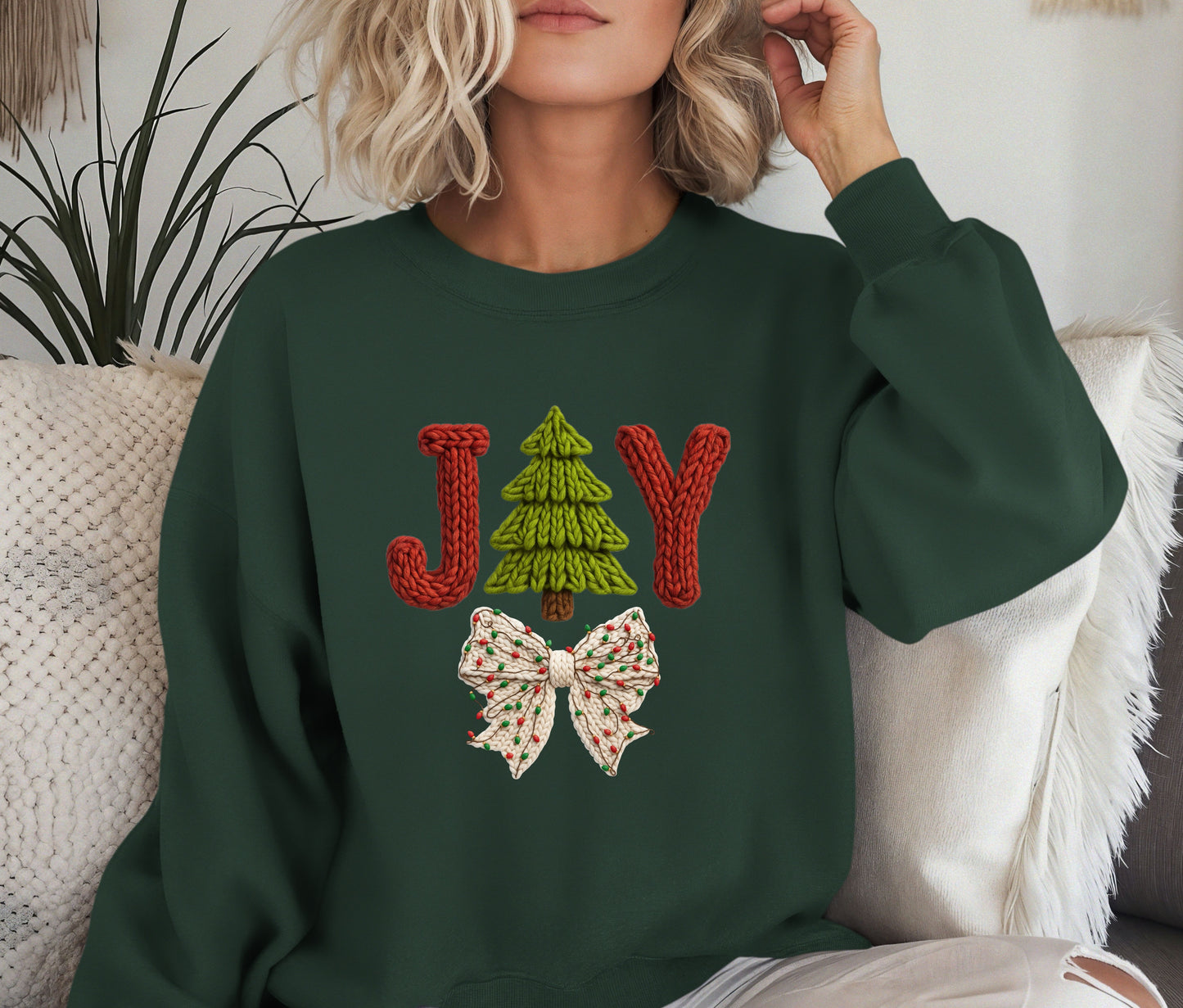 🎄 JOY Christmas Sweatshirt | Knit Text Holiday Crewneck | Cozy Christmas Tree Sweater | Winter Bow Shirt | Holiday Gift for Her