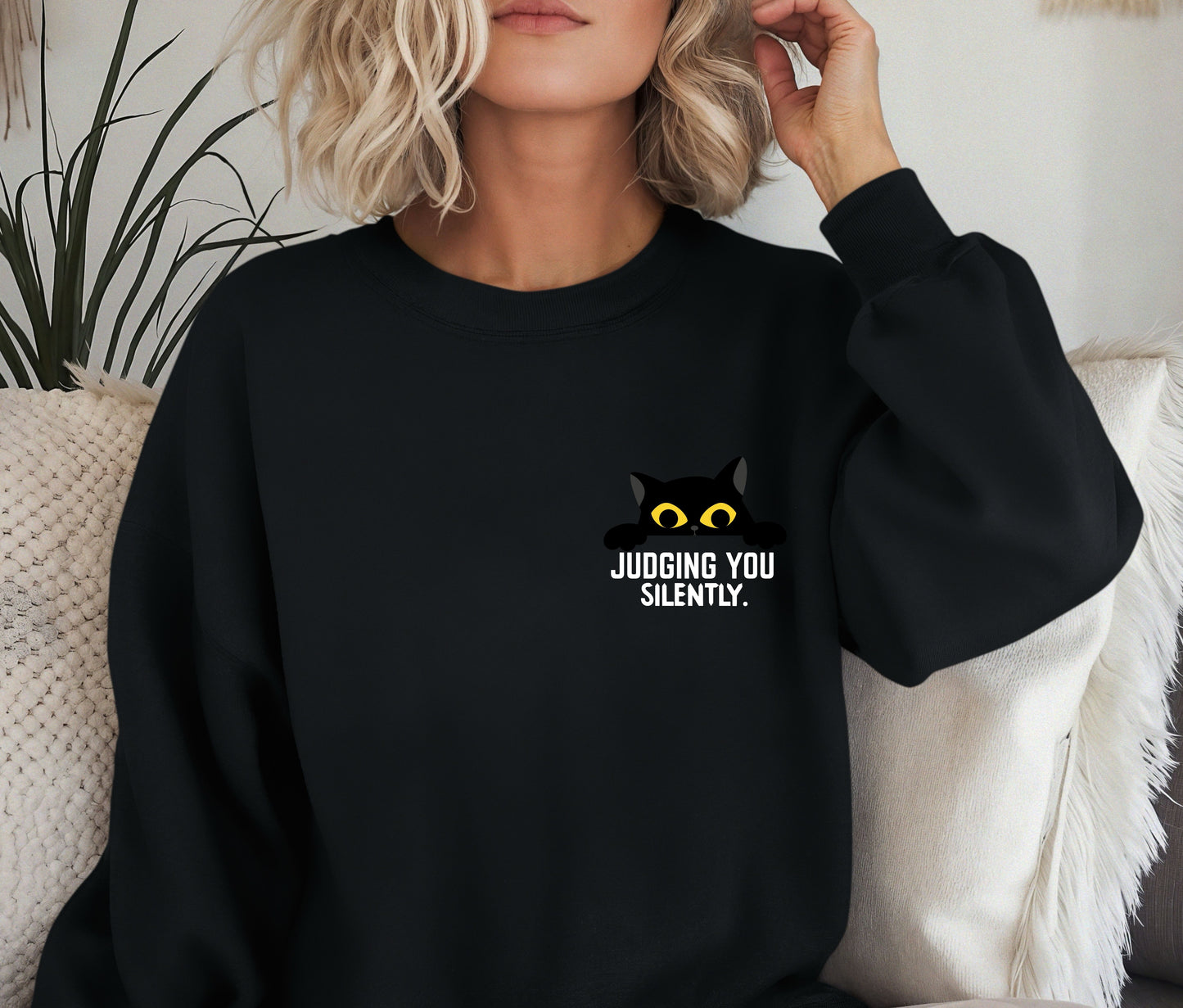 Judging You Silently Cat Sweatshirt – Funny Cat Lover Crewneck, Cozy Pet Lover Pullover, Cute Black Cat Sweater, Sassy Gift for Cat Moms