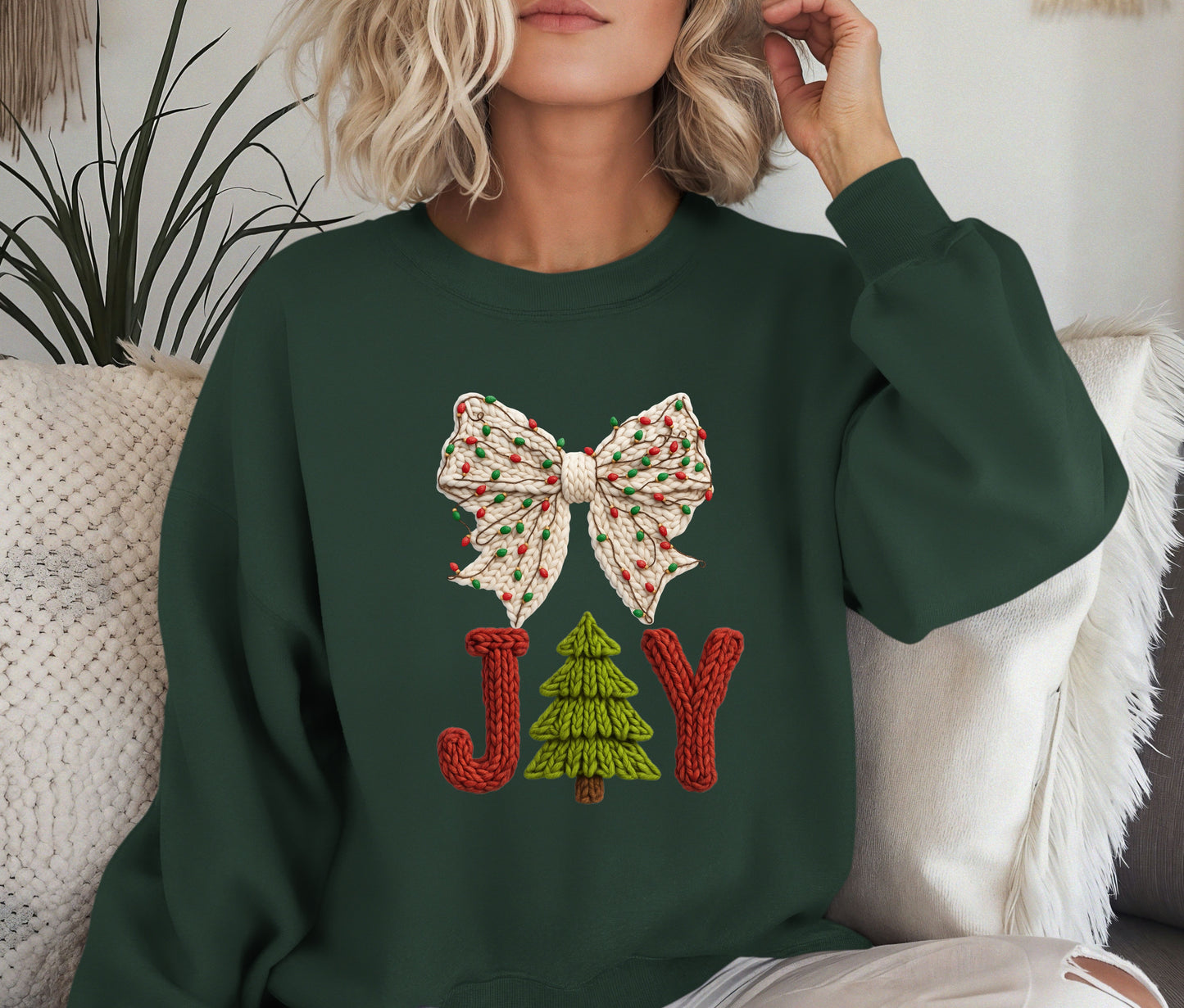 🎄 JOY Christmas Sweatshirt | Knit Text Holiday Crewneck | Cozy Christmas Tree Sweater | Winter Bow Shirt | Holiday Gift for Her