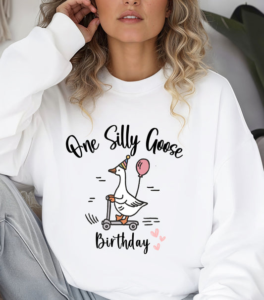 One Silly Goose Birthday Sweatshirt – Funny Goose Graphic Birthday Crewneck – Cute Animal Party Sweater – Cozy Unisex Birthday Gift for Goose Lovers