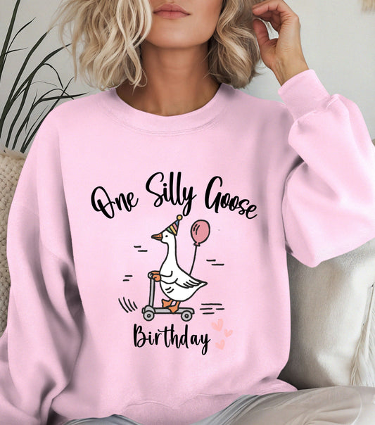 One Silly Goose Birthday Sweatshirt – Funny Goose Graphic Birthday Crewneck – Cute Animal Party Sweater – Cozy Unisex Birthday Gift for Goose Lovers