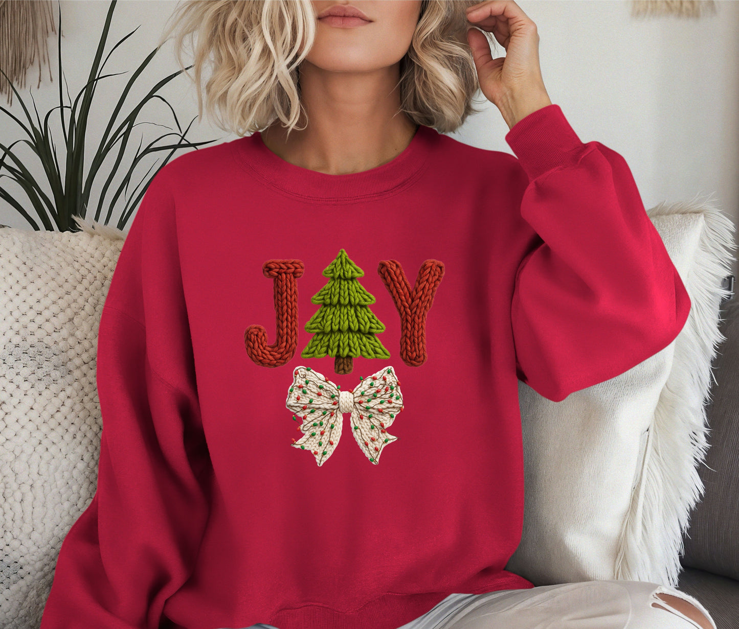🎄 JOY Christmas Sweatshirt | Knit Text Holiday Crewneck | Cozy Christmas Tree Sweater | Winter Bow Shirt | Holiday Gift for Her