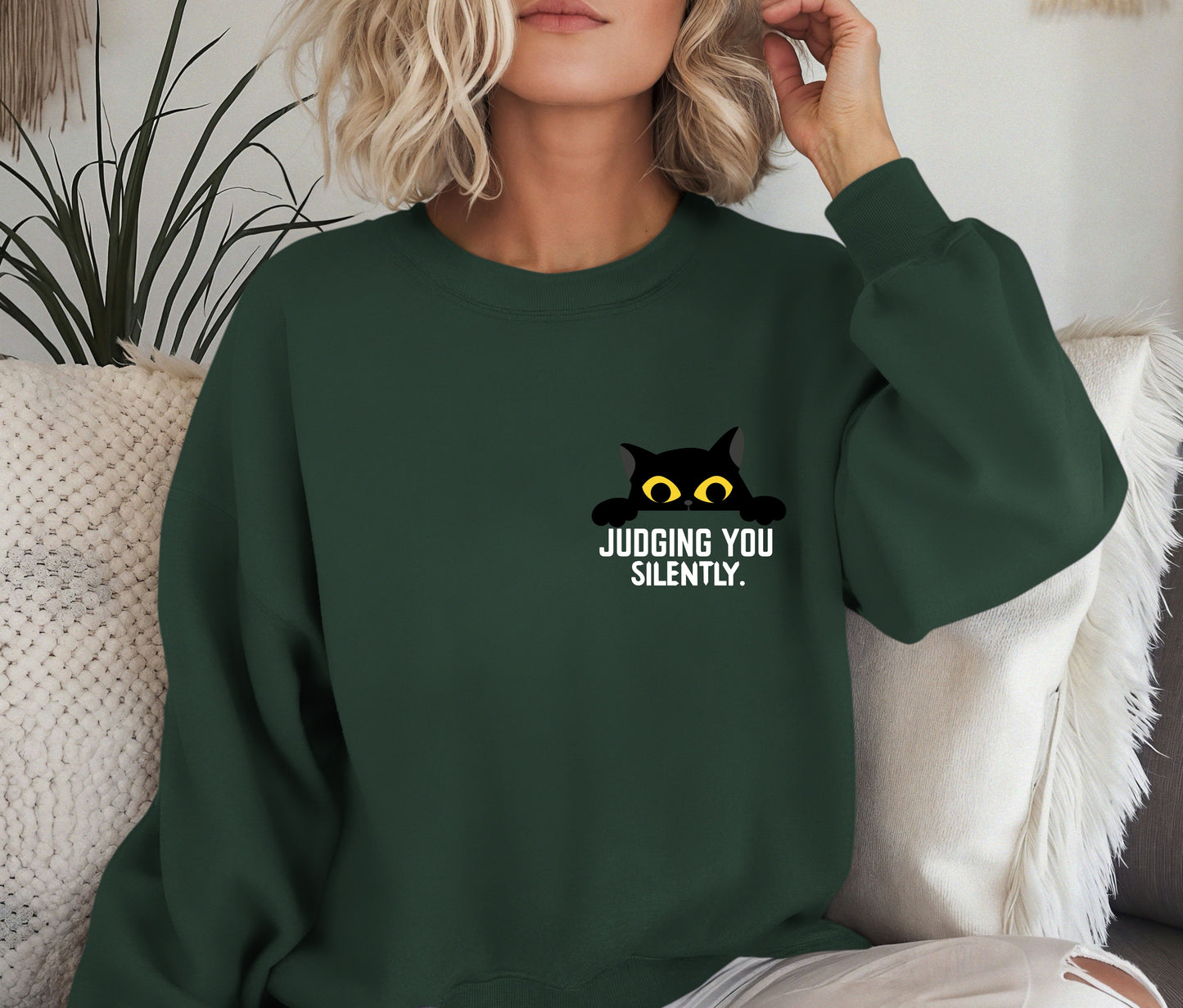 Judging You Silently Cat Sweatshirt – Funny Cat Lover Crewneck, Cozy Pet Lover Pullover, Cute Black Cat Sweater, Sassy Gift for Cat Moms