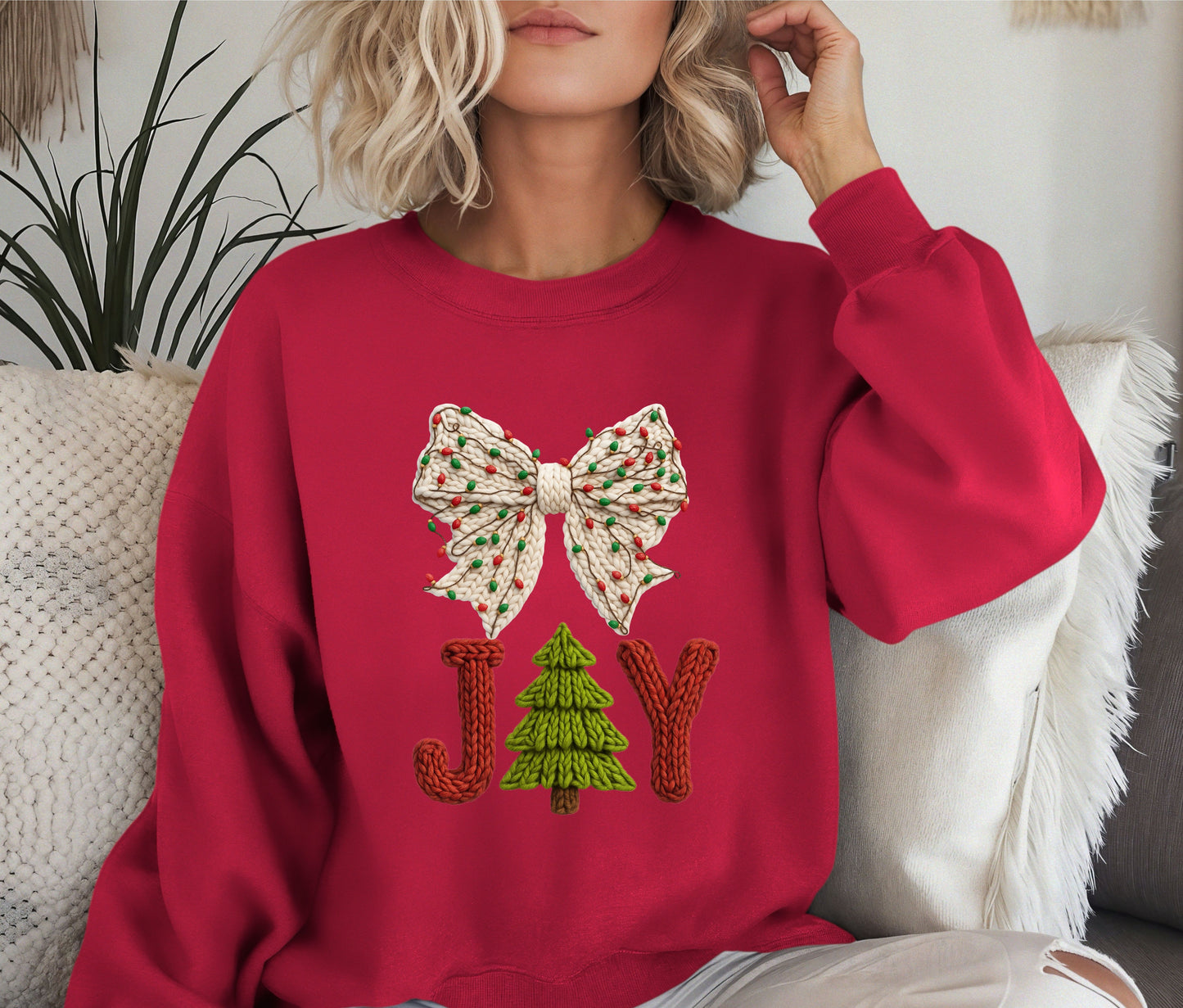 🎄 JOY Christmas Sweatshirt | Knit Text Holiday Crewneck | Cozy Christmas Tree Sweater | Winter Bow Shirt | Holiday Gift for Her