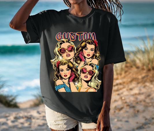 Custom Pop Art Retro Girl T-Shirt – Personalized Vintage Style Graphic Tee for Women, Trendy Statement Shirt, 90s Comic Aesthetic Fashion