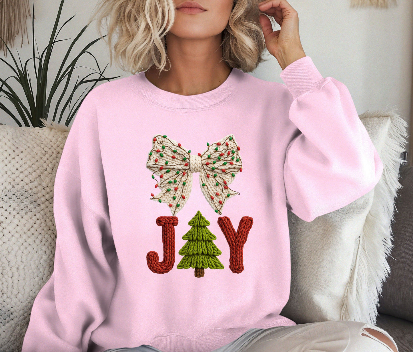 🎄 JOY Christmas Sweatshirt | Knit Text Holiday Crewneck | Cozy Christmas Tree Sweater | Winter Bow Shirt | Holiday Gift for Her