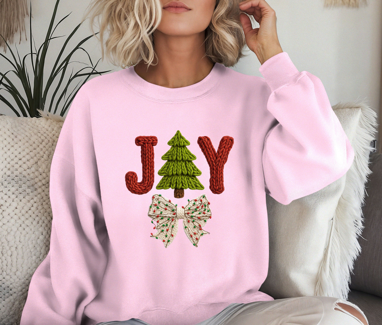🎄 JOY Christmas Sweatshirt | Knit Text Holiday Crewneck | Cozy Christmas Tree Sweater | Winter Bow Shirt | Holiday Gift for Her