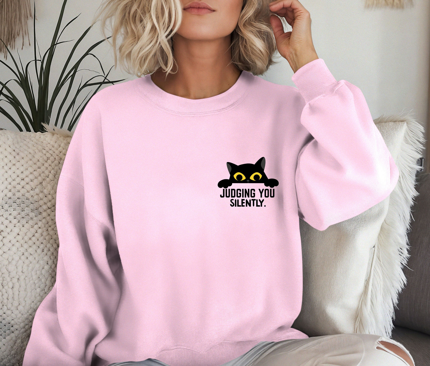 Judging You Silently Cat Sweatshirt – Funny Cat Lover Crewneck, Cozy Pet Lover Pullover, Cute Black Cat Sweater, Sassy Gift for Cat Moms
