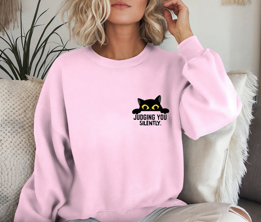 Judging You Silently Cat Sweatshirt – Funny Cat Lover Crewneck, Cozy Pet Lover Pullover, Cute Black Cat Sweater, Sassy Gift for Cat Moms