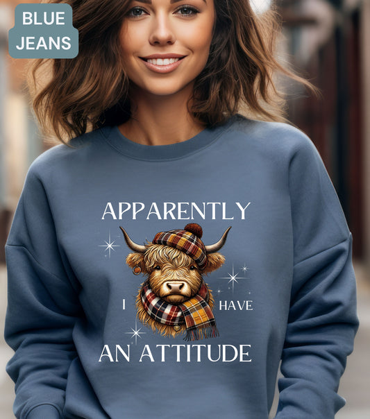 Apparently I Have an Attitude Highland Cow Sweatshirt – Funny Cow Lover Gift, Sassy Farm Animal Pullover, Cute Highland Cow Shirt, Western Fall Crewneck