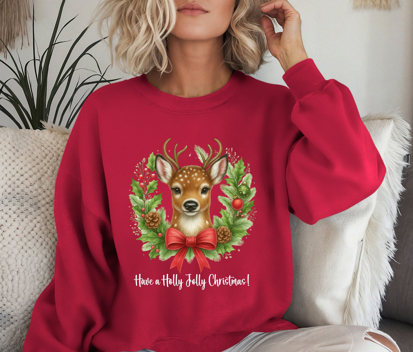 🎄 Reindeer Christmas Sweatshirt | Have a Holly Jolly Christmas | Cozy Holiday Crewneck | Cute Woodland Deer Sweater | Christmas Gift for Her