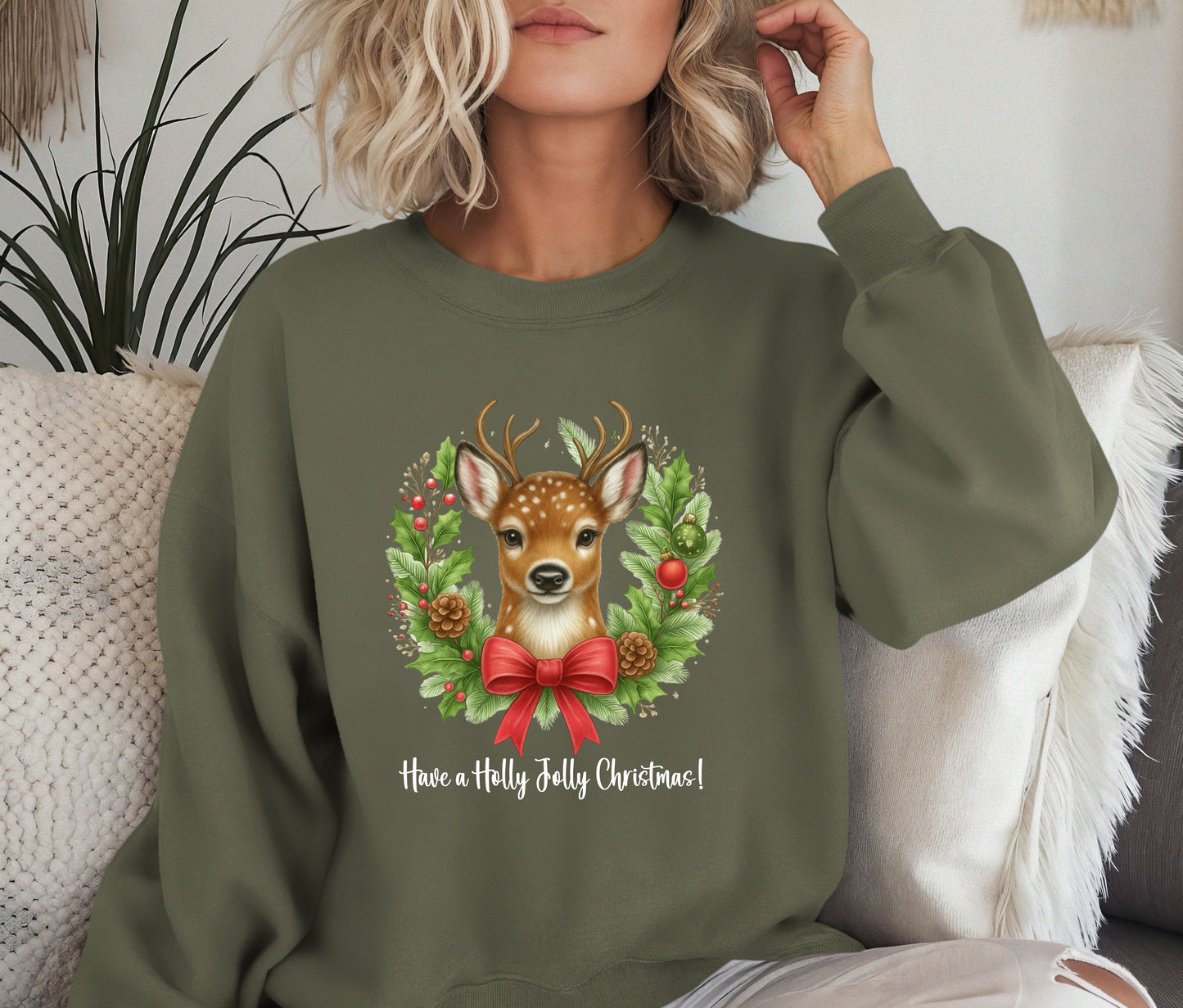 🎄 Reindeer Christmas Sweatshirt | Have a Holly Jolly Christmas | Cozy Holiday Crewneck | Cute Woodland Deer Sweater | Christmas Gift for Her