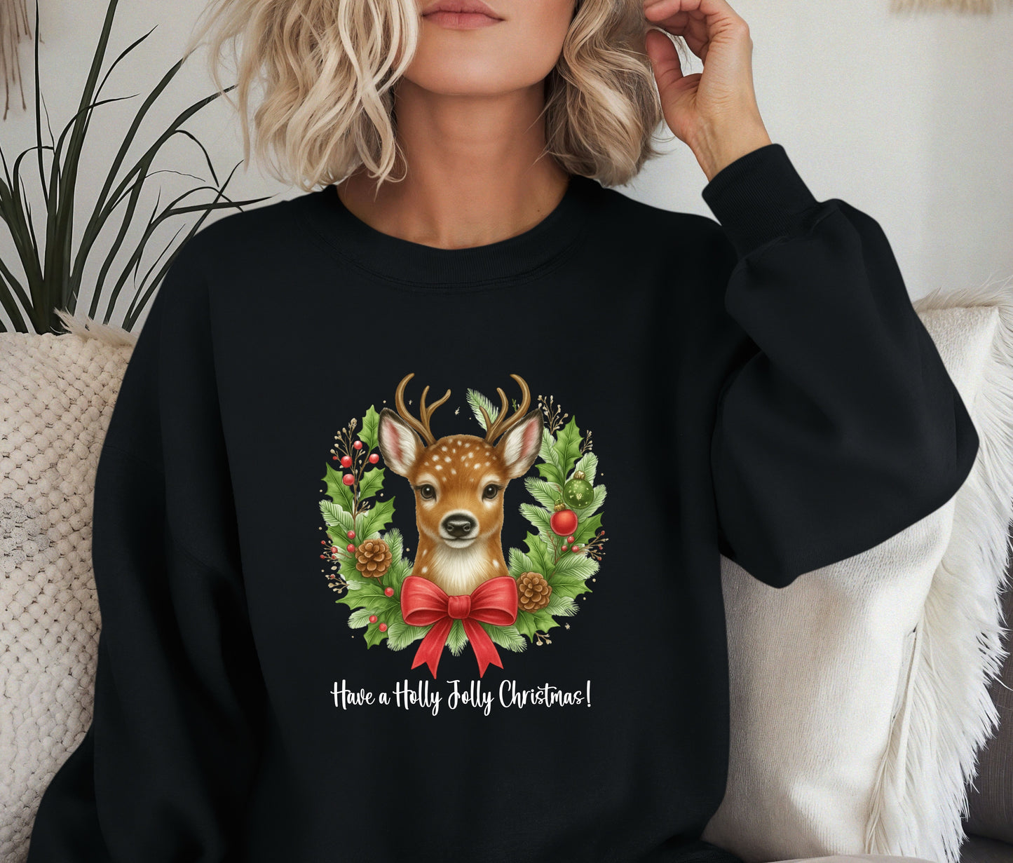 🎄 Reindeer Christmas Sweatshirt | Have a Holly Jolly Christmas | Cozy Holiday Crewneck | Cute Woodland Deer Sweater | Christmas Gift for Her