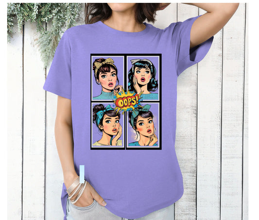 Oops Comic Pop Art T-Shirt, Funny Retro Girl Shirt, Vintage Comic Graphic Tee, Pop Culture Fashion Top, Trendy Statement Shirt for Women, Cool Cartoon Style Gift